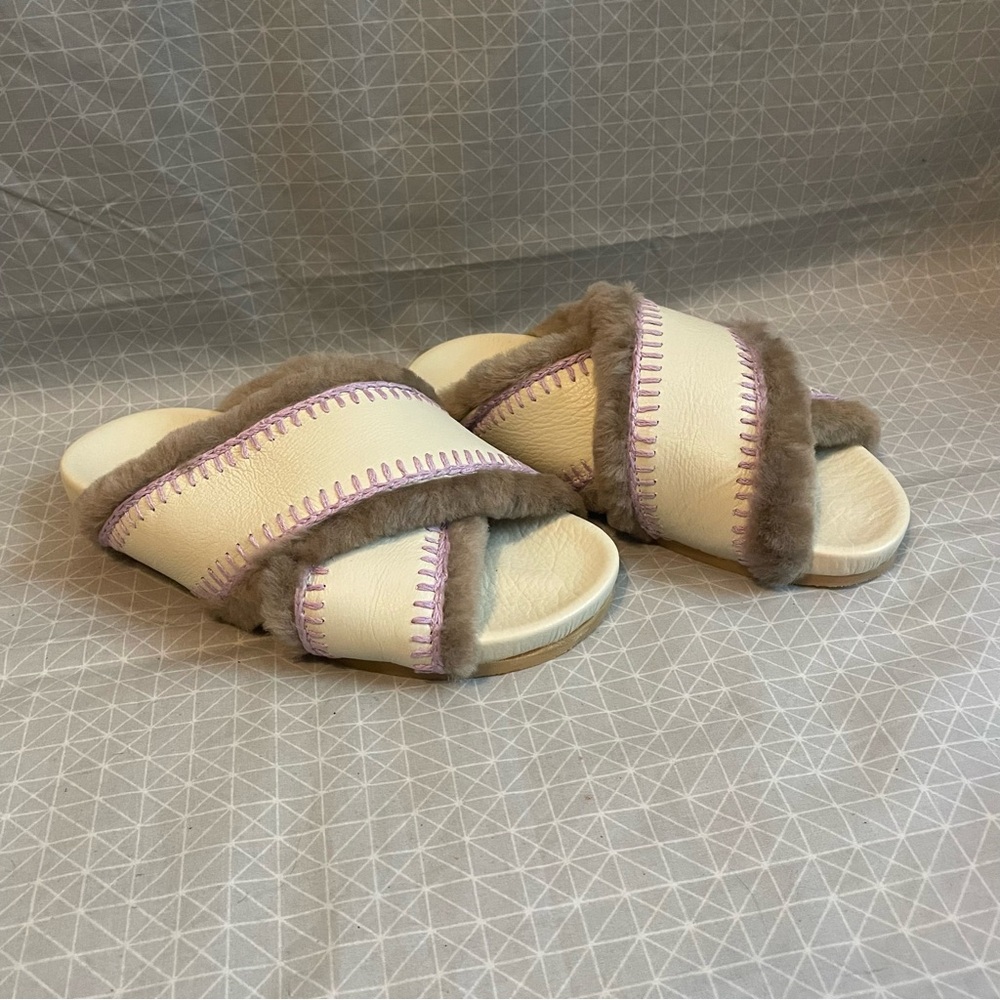 NWOT Laidback London Cali Cream‎ Leather Fur Slide Sandals